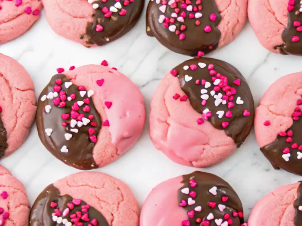 A close-up, top-down view of several perfectly pink, soft Chocolate Covered Strawberry Cookies, half-dipped in rich dark chocolate, adorned with a mix of red, pink, and white heart sprinkles. Arranged artfully on a light marble countertop with subtle wood accents in the background. Natural morning light from an east window, soft shadows, warm tones, clean and tidy presentation. Fresh herbs subtly visible in the background. NO HANDS OR PEOPLE. (4:3 ratio)