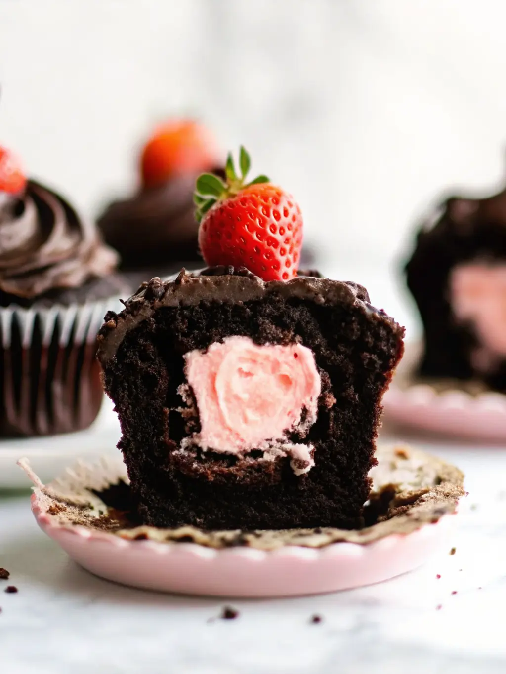 Overhead shot of baking ingredients for chocolate covered strawberry cupcakes laid out meticulously on a wooden cutting board on a marble countertop. Ingredients include cocoa powder, flour, sugar, fresh strawberries in a ceramic bowl, eggs, and butter. Natural morning light creates soft shadows. Clean and tidy presentation with fresh green herbs blurred in the background. No hands or people. (3:4 ratio)
