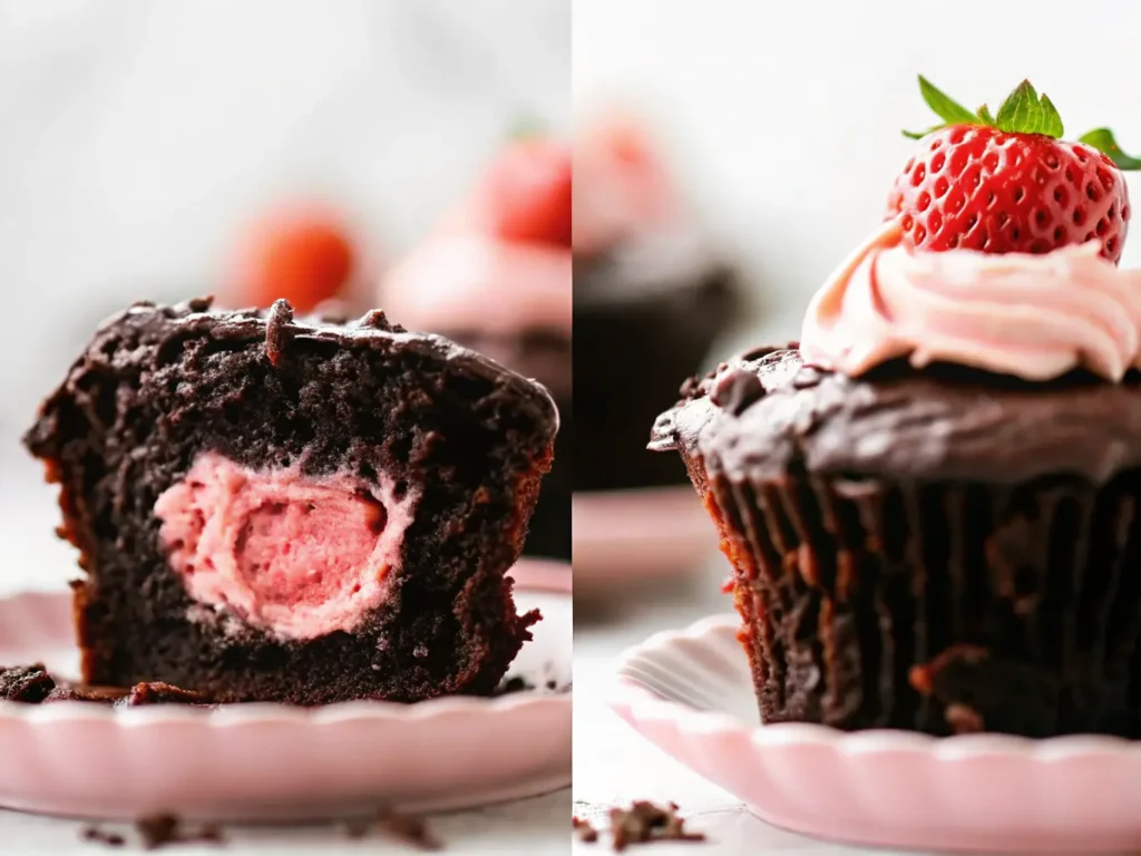 A close-up hero shot of a dark chocolate cupcake, cut in half to reveal a perfectly formed, vibrant pink, heart-shaped strawberry cream filling. The cupcake is topped with glossy dark chocolate ganache and a single fresh, ripe red strawberry. Crumbs are scattered artfully around the base. The setting is a clean marble countertop with soft natural morning light from an east window, subtle warm tones, and soft shadows. A wooden cutting board is subtly visible in the background, along with a minimalist white plate holding other cupcakes, and fresh green herbs are softly blurred in the deep background. No hands or people. (4:3 ratio)