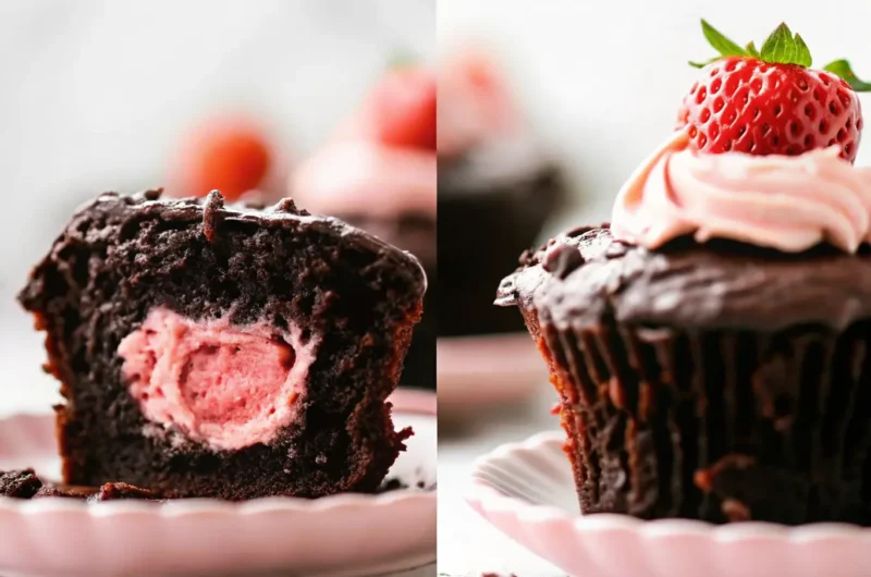 Decadent Chocolate Covered Strawberry Cupcakes with a Secret Heart