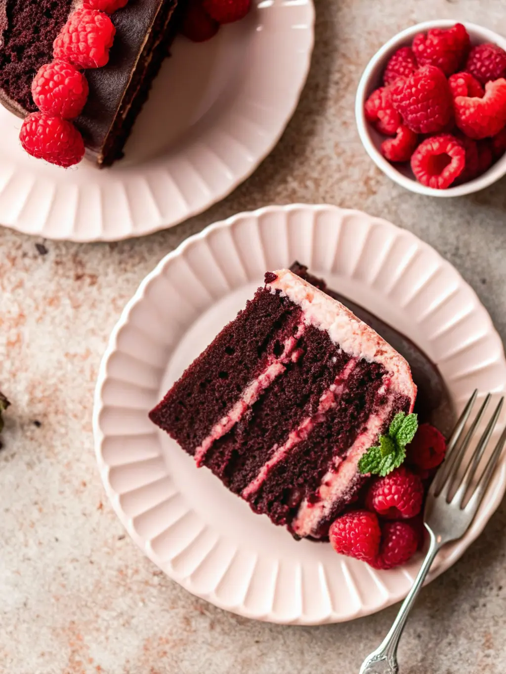A flat lay of all the pristine ingredients for the chocolate raspberry cake, including flour, cocoa powder, fresh vibrant red raspberries in a small white ceramic bowl, eggs, butter, and vanilla, neatly arranged on a light wooden cutting board on a warm-toned marble countertop. Natural morning light casts soft shadows. A sprig of fresh mint or thyme is subtly placed near the ingredients. (3:4 ratio). NO HANDS OR PEOPLE.