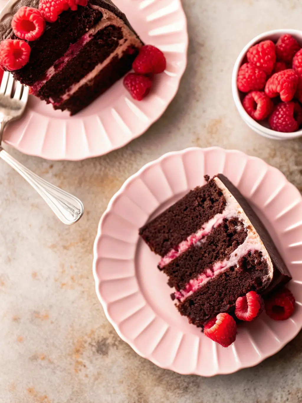 A close-up shot showing the assembly process of the chocolate raspberry cake: a chocolate cake layer topped with a smooth, vibrant pink raspberry buttercream being spread evenly with an offset spatula, revealing the distinct layers. The scene is on a minimalist white scalloped cake stand on a warm-toned marble countertop under soft natural morning light. (3:4 ratio). NO HANDS OR PEOPLE.