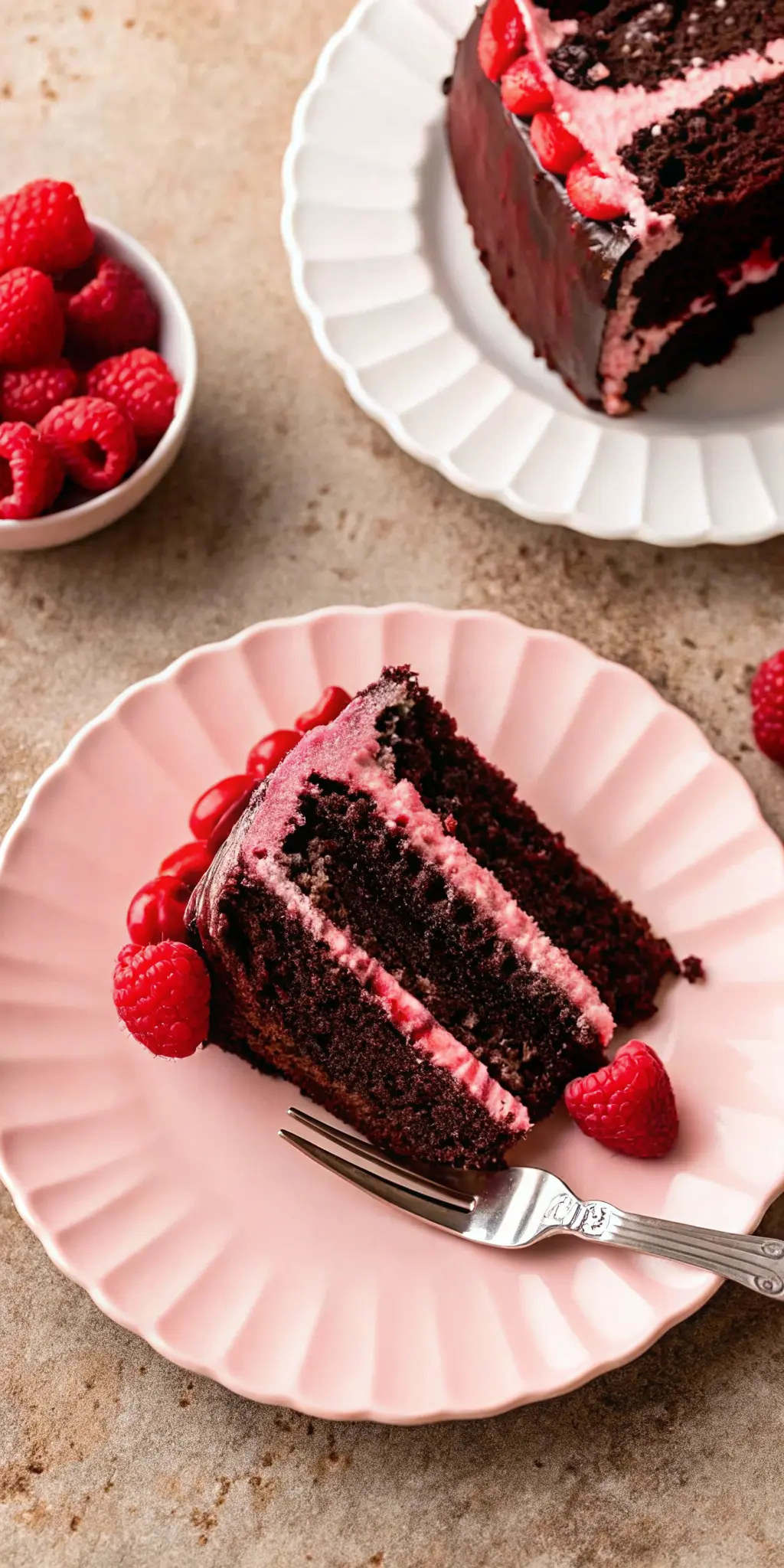 A very close-up, tempting shot focusing on the texture of a slice of the chocolate raspberry cake, highlighting the moist dark chocolate crumb, the creamy pink raspberry frosting layers, and the glossy, slightly dripped chocolate ganache. Fresh whole and halved raspberries are artfully placed on top. The cake slice is on a minimalist white scalloped plate with a decorative fork, on a warm-toned marble countertop, bathed in natural morning light. (3:4 ratio). NO HANDS OR PEOPLE.