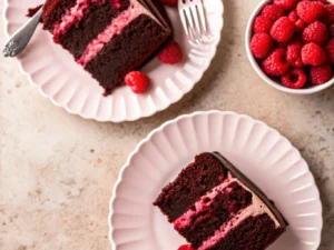 A beautifully styled single slice of dark chocolate raspberry cake on a minimalist white scalloped plate. The cake shows three layers of moist dark chocolate sponge separated by two vibrant pink raspberry buttercream layers, topped with a luscious chocolate ganache drip and garnished generously with fresh whole and halved raspberries. A decorative silver fork rests beside the slice. The setting is a clean, tidy kitchen with a warm-toned marble countertop, illuminated by soft natural morning light from an east window, creating subtle shadows. In the soft-focus background, a small ceramic bowl of fresh raspberries and a sprig of fresh mint are subtly visible, with a hint of a wooden accent. (4:3 ratio). NO HANDS OR PEOPLE.