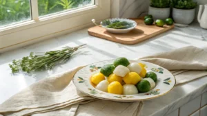 A beautifully composed, slightly elevated wide shot of a minimalist white plate with a floral rim, piled high with vibrant yellow, white, and green colorful songpyeon, arranged artfully on a light, textured linen cloth. The scene is bathed in natural morning light from an east window, casting soft shadows. In the background, there's a subtle hint of marble countertops and a corner of a wooden cutting board, with fresh herbs peeking into the frame. The overall presentation is clean, tidy, and exudes warm tones, showcasing the deliciousness of the chewy half-moon rice cakes.