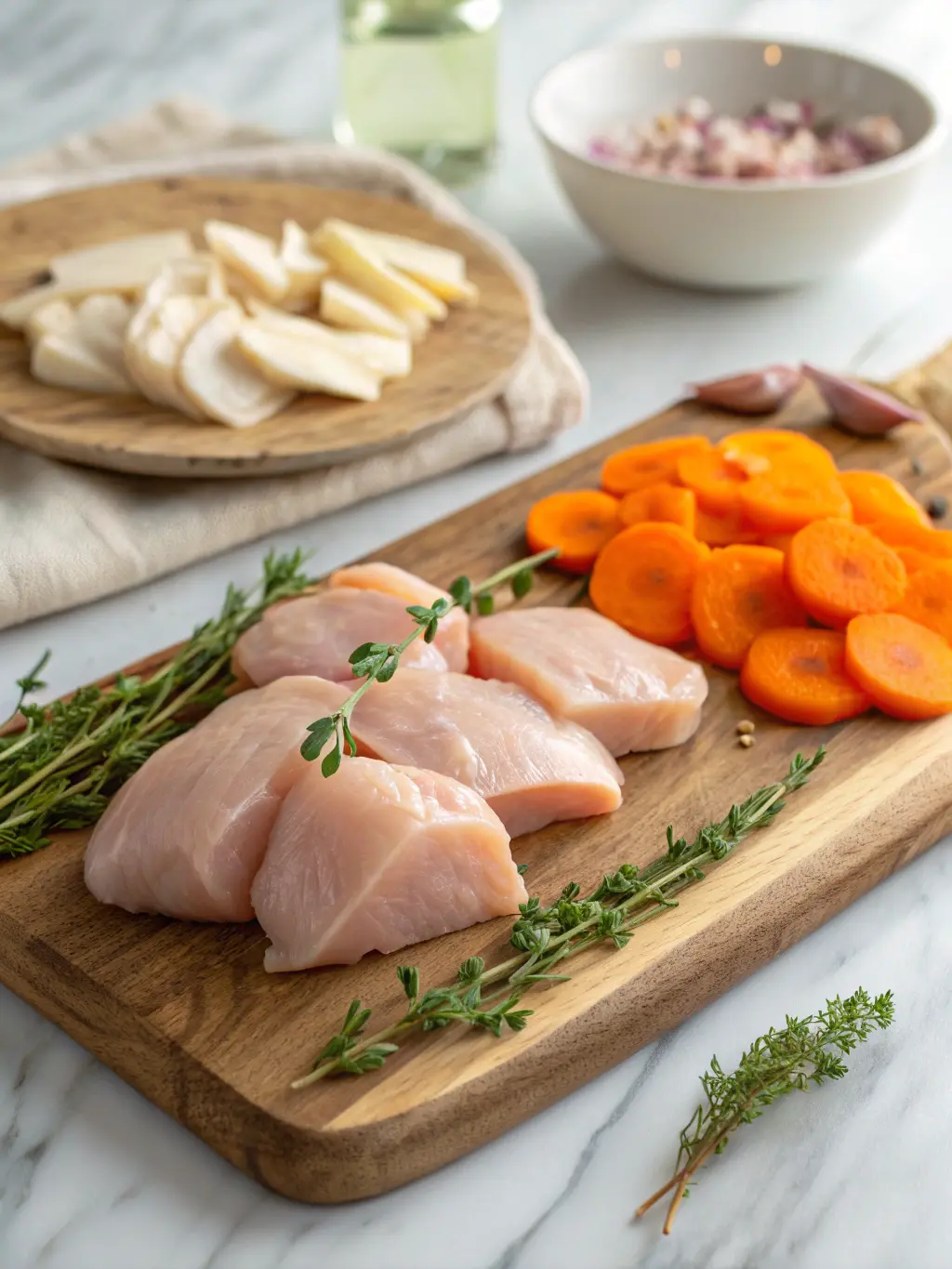 A close-up shot of raw boneless, skinless chicken breast pieces, vibrant orange carrot slices, and fresh thyme sprigs neatly arranged on a rustic wooden cutting board on a clean marble countertop, illuminated by soft natural morning light, ready for prep.