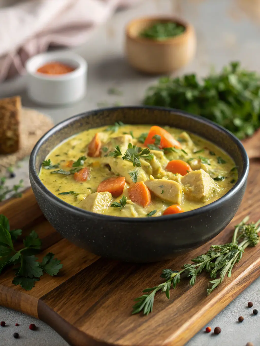 A cozy, side view of a steaming bowl of creamy rich chicken stroganoff, highlighting its luscious yellow-green texture with visible chunks of tender chicken and vibrant carrots, garnished with fresh herbs and cracked black pepper, in a dark ceramic bowl on a warm wooden accent cutting board, next to a subtle arrangement of fresh herbs in the background, all bathed in gentle morning light.