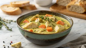 A deliciously appealing, steaming bowl of creamy rich chicken stroganoff, garnished with fresh thyme and cracked black pepper, showcasing its thick, creamy yellow-green sauce, tender chicken pieces, and vibrant orange carrot pieces, in a dark, rustic ceramic bowl on a light marble countertop with a wooden accent visible, bathed in natural morning light. Crusty slices of artisan bread are softly blurred in the background, creating a cozy and inviting scene.