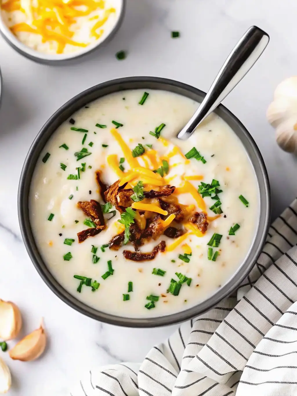A creamy, off-white potato soup simmering gently in a minimalist white ceramic pot on a clean white marble countertop. A wooden spoon rests inside the pot. The light catches the steam rising subtly. In the background, a small bunch of fresh chives and a block of vegan cheddar are visible. Natural morning light, soft shadows, warm tones, and a clean, tidy presentation. NO HANDS. (3:4 ratio)