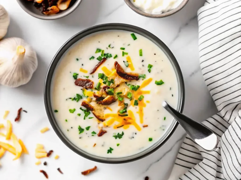 Overhead shot of two bowls of Creamy Vegan Loaded Baked Potato Soup on a white marble countertop. Each bowl is filled with a creamy, off-white soup with small green flecks (chives), topped generously with shredded orange vegan cheddar, a dollop of white vegan sour cream, and crispy dark brown caramelized onions. Fresh green chives are sprinkled over everything. In the background, a small white wooden board holds dark grey spice grinders with black peppercorns and white salt. A whole garlic bulb and a couple of cloves are on the marble counter. The scene is bathed in natural morning light, casting soft shadows, with warm tones, and a clean, tidy presentation. Ceramic bowls, wooden accents in the background. NO HANDS. (4:3 ratio)