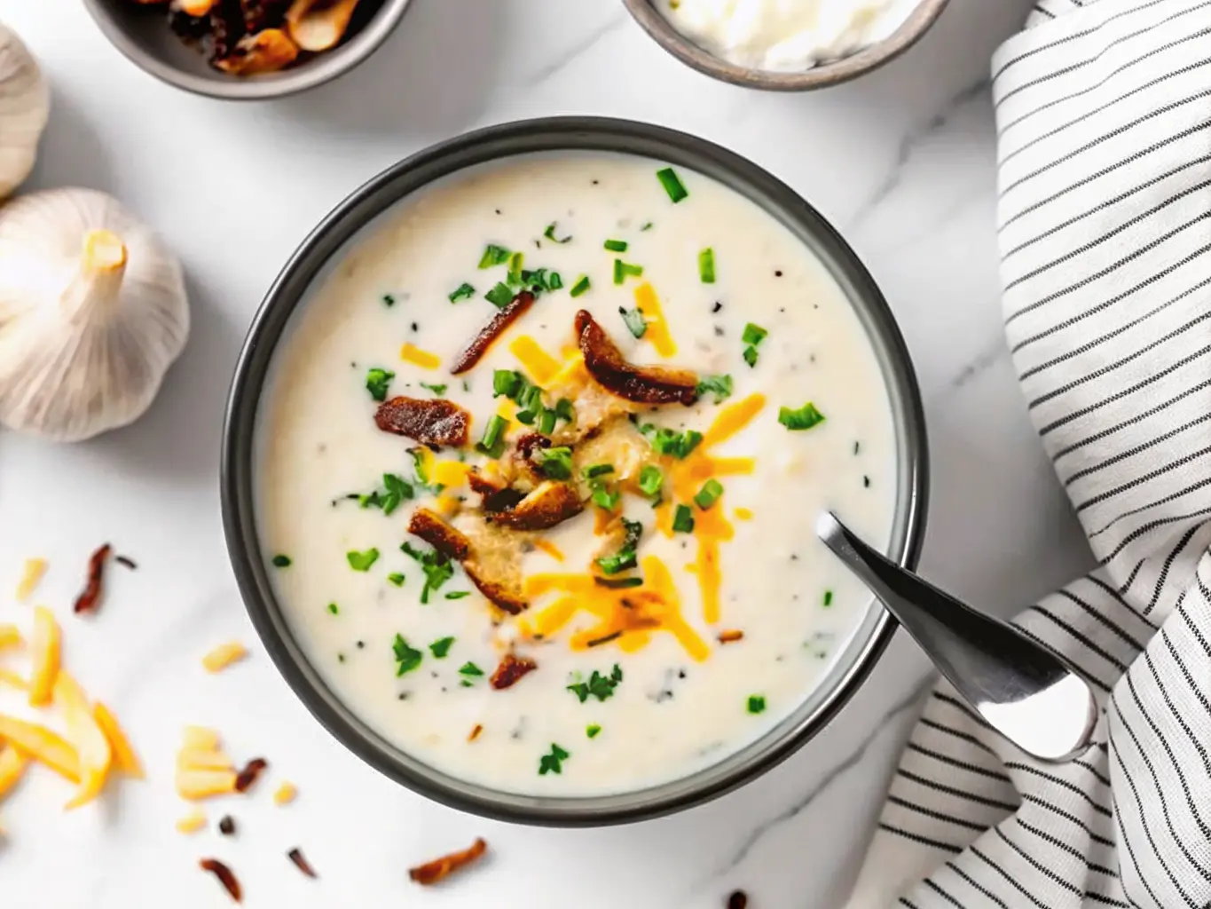 Overhead shot of two bowls of Creamy Vegan Loaded Baked Potato Soup on a white marble countertop. Each bowl is filled with a creamy, off-white soup with small green flecks (chives), topped generously with shredded orange vegan cheddar, a dollop of white vegan sour cream, and crispy dark brown caramelized onions. Fresh green chives are sprinkled over everything. In the background, a small white wooden board holds dark grey spice grinders with black peppercorns and white salt. A whole garlic bulb and a couple of cloves are on the marble counter. The scene is bathed in natural morning light, casting soft shadows, with warm tones, and a clean, tidy presentation. Ceramic bowls, wooden accents in the background. NO HANDS. (4:3 ratio)