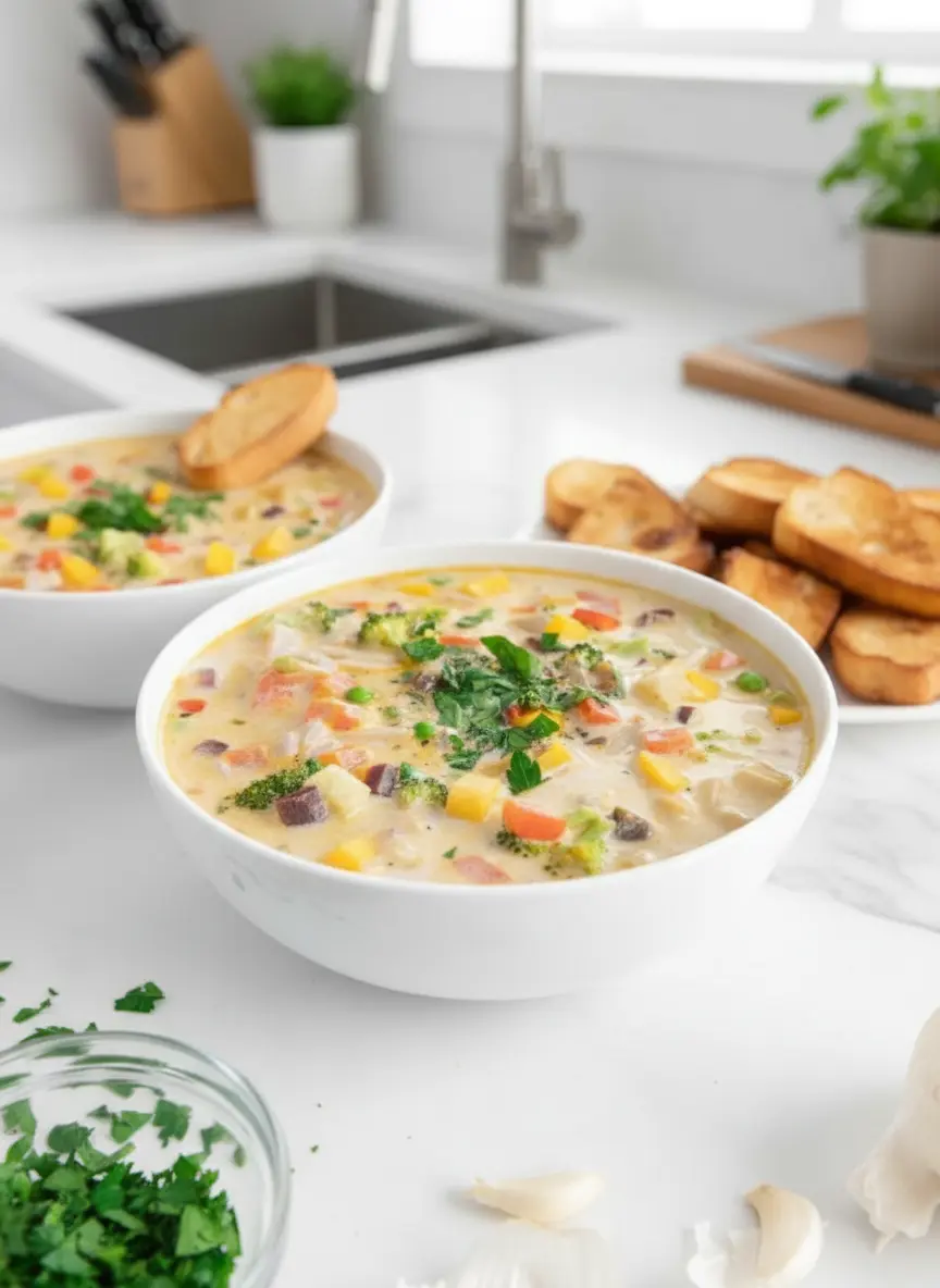 A pristine white marble countertop with a wooden cutting board. Artfully arranged fresh, vibrant ingredients for one-pot vegetable orzo soup: bright green broccoli florets, neatly diced red and yellow bell peppers, a small bowl of green peas, and uncooked orzo pasta. A scattering of fresh parsley and a couple of garlic cloves are nearby. Natural morning light, warm tones, soft shadows. 3:4 ratio. NO HANDS OR PEOPLE.