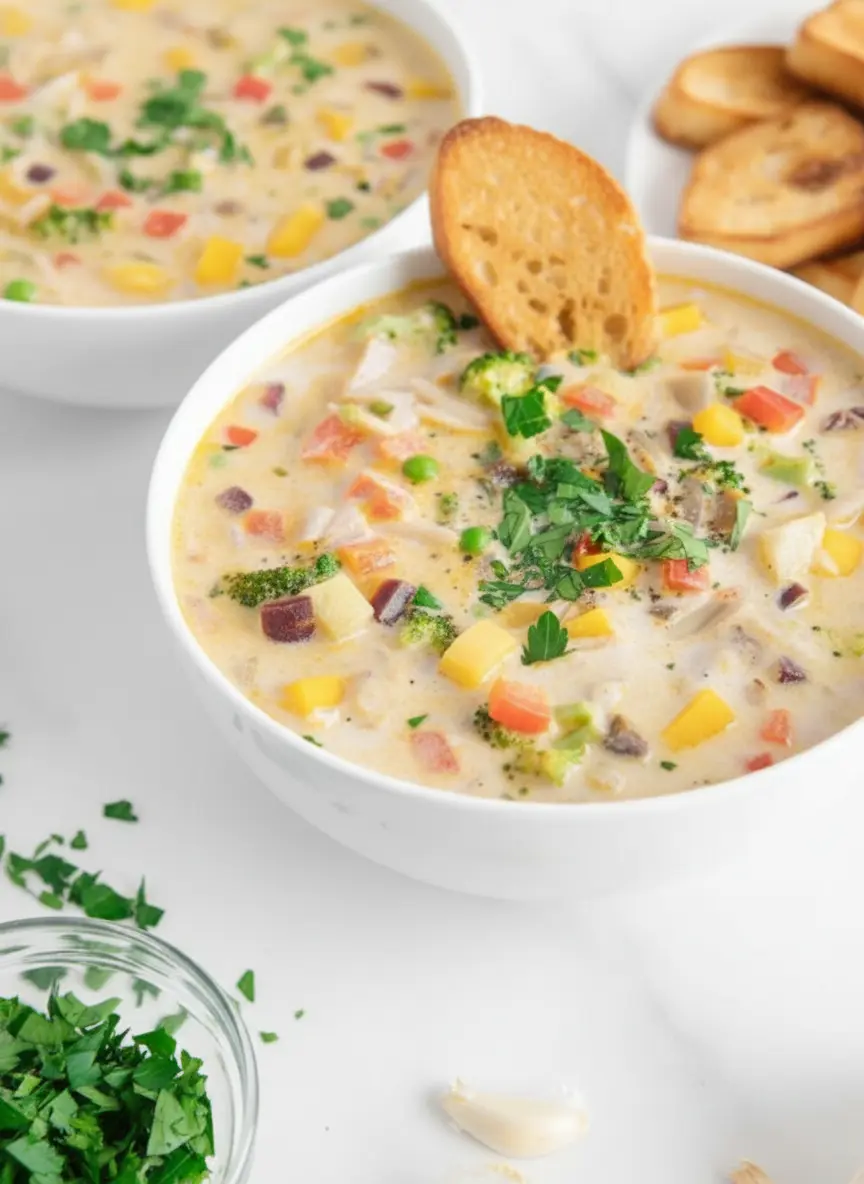 A rustic, clean pot (like a Dutch oven) on a white marble countertop, filled with creamy vegan one-pot vegetable orzo soup. A wooden spoon rests inside the pot, gently revealing the tender orzo and colorful vegetables (broccoli, bell peppers, peas). Soft steam is subtly rising. The scene is bathed in natural morning light, with warm tones and soft shadows. A clean and tidy presentation. 3:4 ratio. NO HANDS OR PEOPLE.
