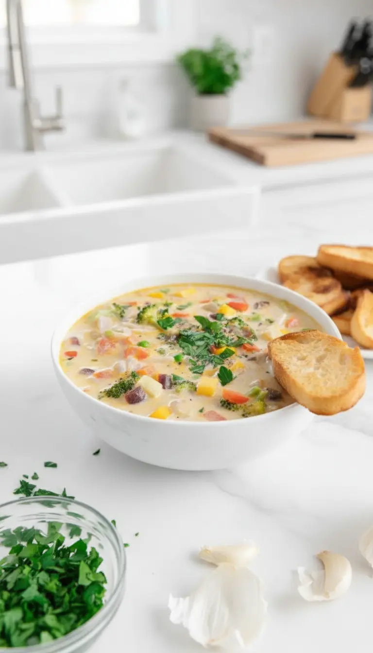 A close-up, inviting shot of a spoonful of creamy vegan one-pot vegetable orzo soup being lifted slightly from a white ceramic bowl. The spoon showcases the delicate orzo pasta and a medley of colorful, perfectly cooked vegetables. The soup in the bowl below is garnished with fresh chopped parsley. The texture is rich and inviting. Natural morning light, warm tones, soft shadows. 3:4 ratio. NO HANDS OR PEOPLE.