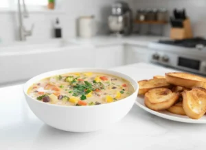 Overhead view of a beautiful, creamy vegan one-pot vegetable orzo soup in a white ceramic bowl. The soup is rich with colorful diced vegetables including broccoli, red and yellow bell peppers, peas, and visible orzo pasta. It's garnished generously with fresh chopped parsley. A toasted baguette slice leans against the bowl. The bowl is centered on a clean white marble countertop, with soft natural morning light casting gentle shadows. Warm tones, clean and tidy presentation. 4:3 ratio. NO HANDS OR PEOPLE.