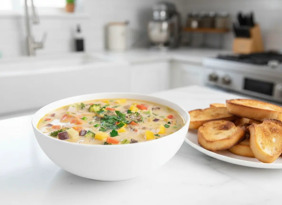 Overhead view of a beautiful, creamy vegan one-pot vegetable orzo soup in a white ceramic bowl. The soup is rich with colorful diced vegetables including broccoli, red and yellow bell peppers, peas, and visible orzo pasta. It's garnished generously with fresh chopped parsley. A toasted baguette slice leans against the bowl. The bowl is centered on a clean white marble countertop, with soft natural morning light casting gentle shadows. Warm tones, clean and tidy presentation. 4:3 ratio. NO HANDS OR PEOPLE.