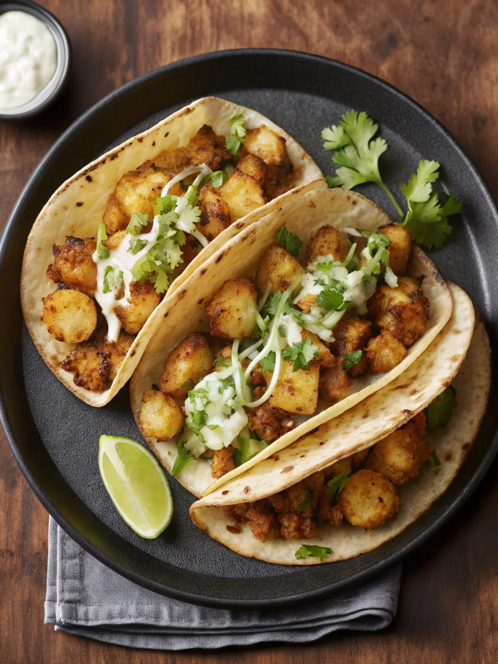 An inviting close-up of par-boiled and diced Yukon Gold potatoes, perfectly seasoned with taco spices, sizzling and turning golden brown in a cast-iron skillet on a stove, with soft morning light from the east window illuminating the kitchen. The scene is set on a marble countertop with wood accents, and fresh herbs are in the soft-focused background. No hands. The texture of the potatoes is deliciously appealing, 3:4 aspect ratio.