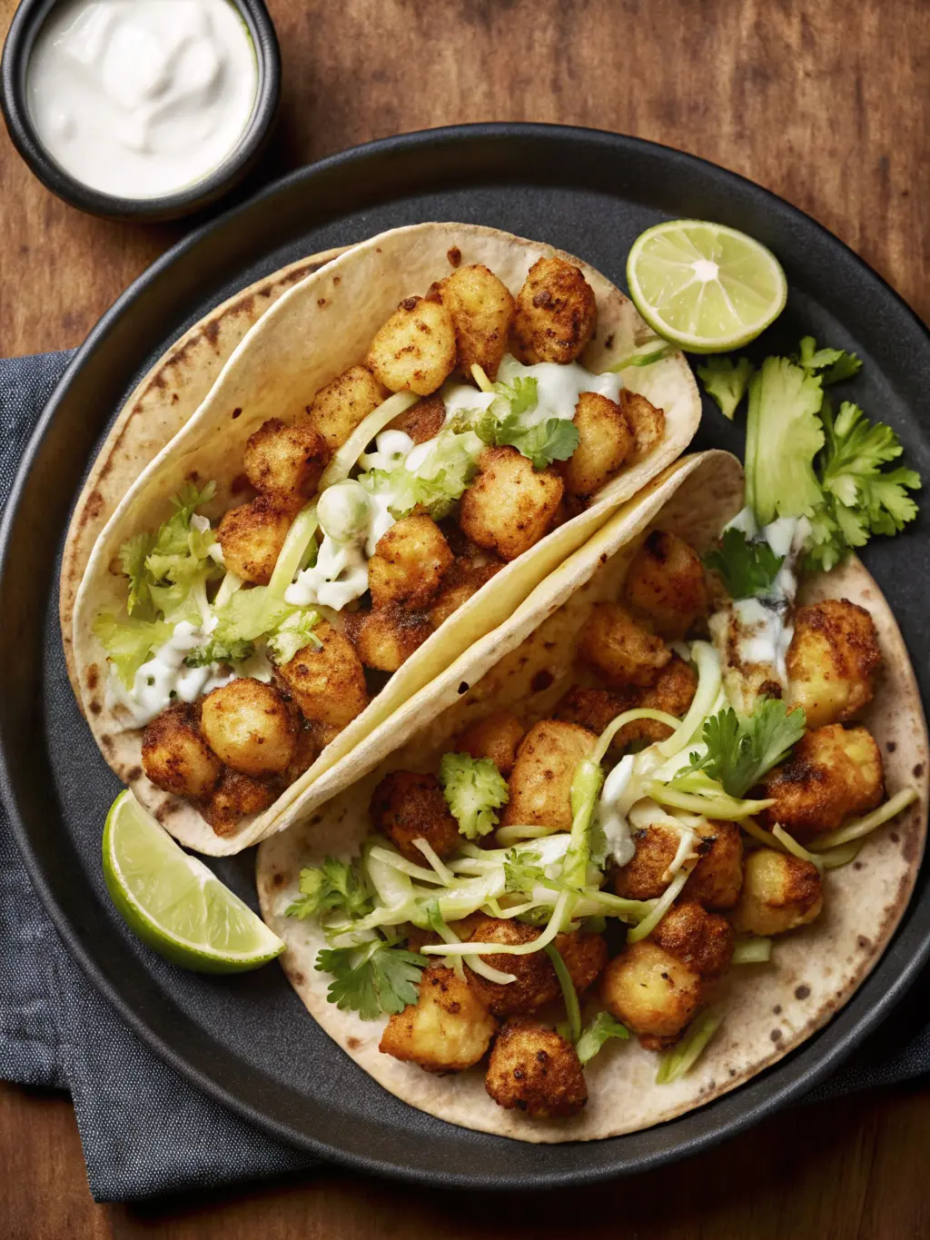 A cozy lifestyle shot of three fully assembled crispy chicken and potato tacos on a dark grey ceramic plate, presented at a slight angle to highlight the textural layers of the crunchy potatoes, fresh cabbage, and creamy white sauce drizzle. The plate sits on a warm wooden surface, hinting at a family meal, with bright lime wedges and a ceramic bowl of sauce nearby, all bathed in natural morning light. Fresh herbs are out of focus in the background on a marble countertop. No hands. Deliciously appealing, 3:4 aspect ratio.