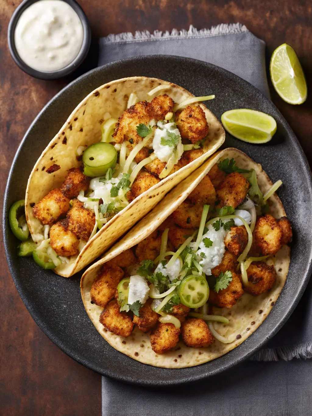 A 3:4 aspect ratio stylized lifestyle shot of the final dish: a dark grey plate piled high with deliciously appealing crispy chicken and potato tacos, garnished with shredded cabbage and cilantro, with a small ceramic bowl of creamy white sauce and lime wedges. The plate is beautifully arranged on a wooden table, creating a warm, inviting dinner setting, with natural morning light from an east window, soft shadows, and a clean, tidy presentation. No hands. Mouth-watering and visually consistent with the brand's aesthetic.