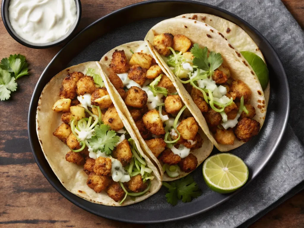 A delicious and satisfying plate of three crispy chicken and potato tacos, with golden brown seasoned potatoes, shredded green cabbage, and fresh cilantro, alongside a small ceramic bowl of creamy white sauce and two bright lime wedges. The dark grey matte plate rests on a warm wooden surface next to a grey linen napkin, all bathed in natural morning light from an east window, casting soft shadows on a marble countertop with wood accents in the background. Fresh herbs are subtly visible in the soft-focused background, emphasizing a clean and tidy presentation and a genuine love for the process. No hands. Appetizing and incredibly yummy, 4:3 aspect ratio.