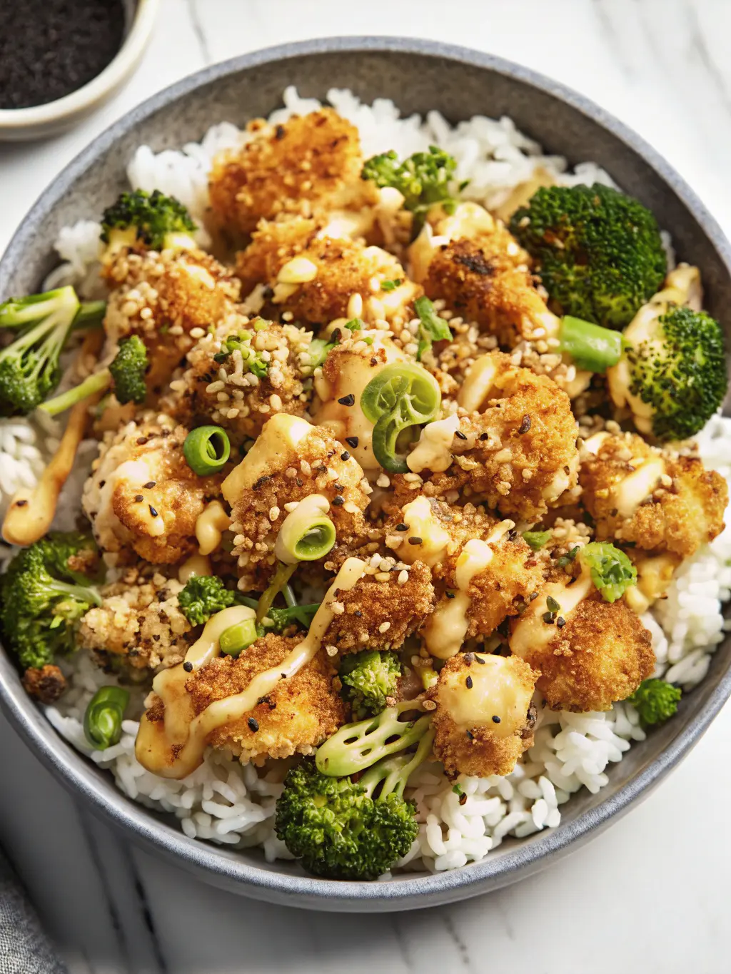 A cozy 3:4 lifestyle shot of a Crispy Chicken Rice Bowl, viewed from a slightly lower side angle, highlighting the depth and layers within the dark ceramic bowl. The golden chicken, rice, and broccoli are beautifully textured, with the creamy sauce gracefully dripping down. The bowl is positioned on a white marble countertop with a subtle wood accent element in the soft-focused background, illuminated by warm natural light, emphasizing a homemade, inviting feel, without any visible hands or people.