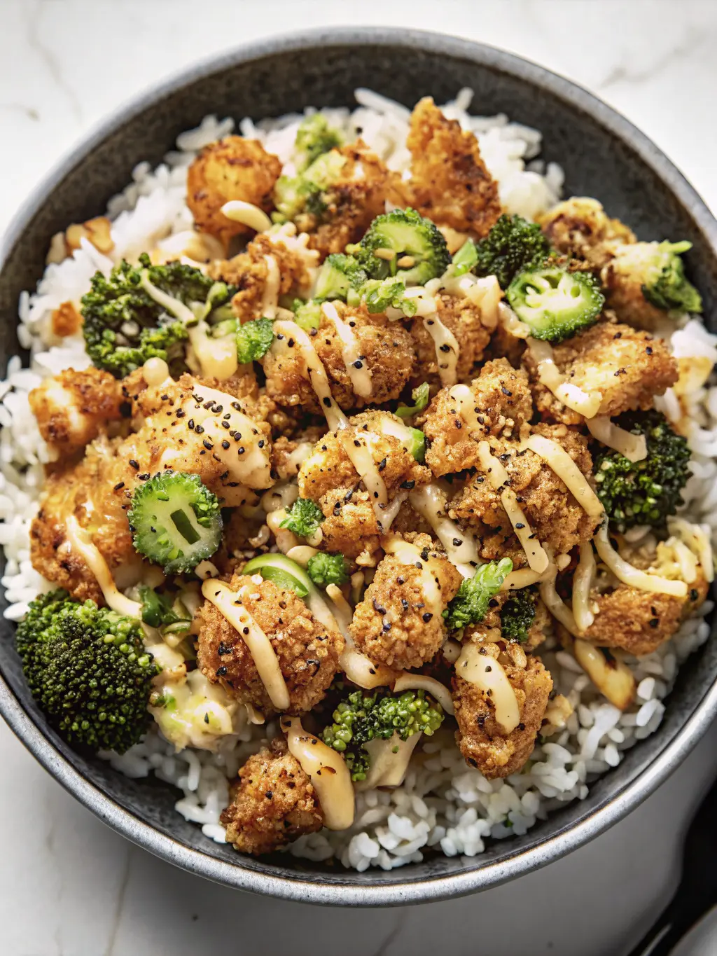 A stylized 3:4 lifestyle shot of the Crispy Chicken Rice Bowl presented on a tidy wooden table setting on the white marble countertop, bathed in natural morning light. The dark ceramic bowl holds the delicious golden crispy chicken, fluffy rice, tender broccoli, and creamy orange sauce, garnished with fresh green onions and sesame seeds. A minimalist white plate and a sprig of fresh herbs are subtly visible in the background, creating a warm and inviting scene, without any visible hands or people.