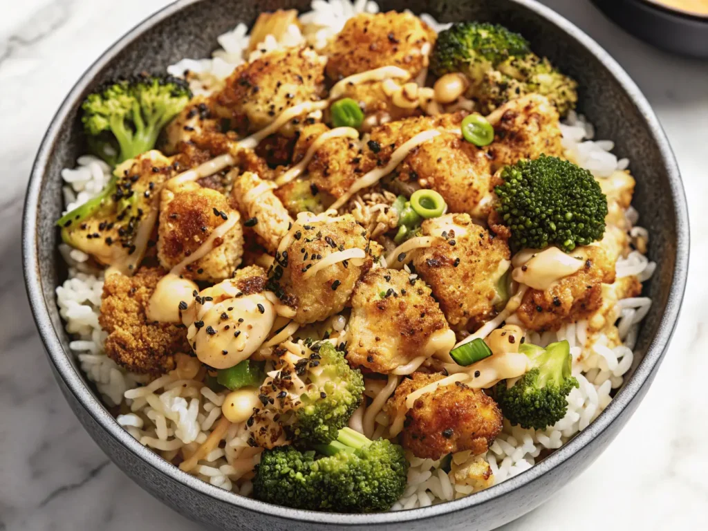 A mouth-watering 4:3 overhead shot of a Crispy Chicken Rice Bowl, showcasing perfectly golden, panko-crusted chicken pieces, fluffy white rice, vibrant green steamed broccoli florets, and a generous drizzle of creamy, light orange sauce, all artfully arranged in a dark grey ceramic bowl. The bowl rests on a white marble countertop, bathed in soft, natural morning light, with subtle warm tones and soft shadows. A wooden accent board and fresh herbs are blurred in the background, without any visible hands or people.