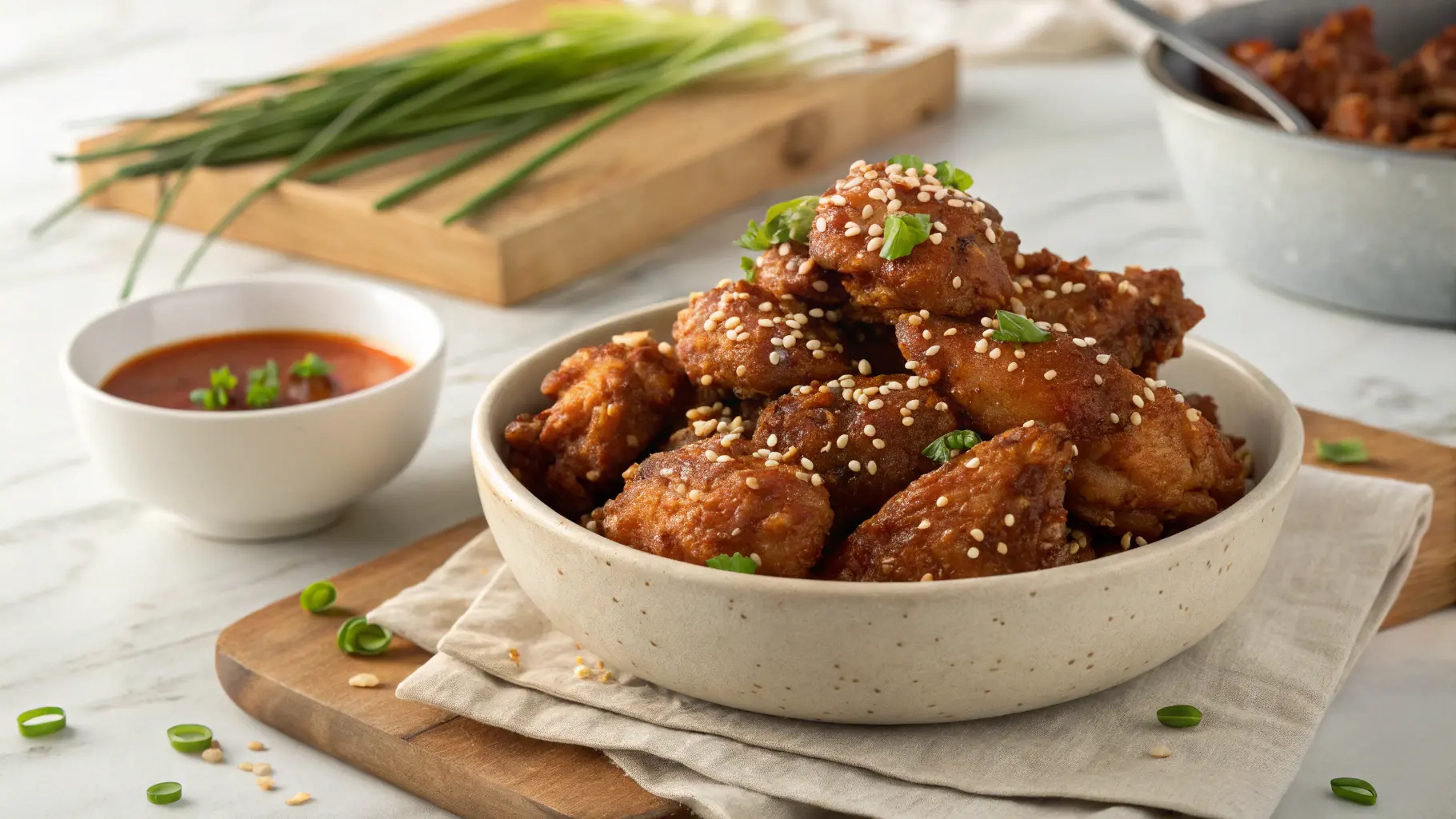A wide shot (16:9 aspect ratio) of a generous platter of glistening, mouth-watering Crispy Korean Fried Chicken, piled high in a minimalist ceramic bowl on a light marble countertop. The chicken pieces are golden-brown with an incredibly crispy, textured coating, liberally sprinkled with white sesame seeds and chopped green onions. Soft morning light from an east window casts gentle shadows, highlighting the warm tones. A small white ceramic bowl of extra sauce is softly blurred in the background, next to a wooden cutting board, with fresh herbs peeking into the frame. The overall presentation is clean and tidy, evoking a lived-in kitchen with genuine love for cooking, with no hands or people visible.