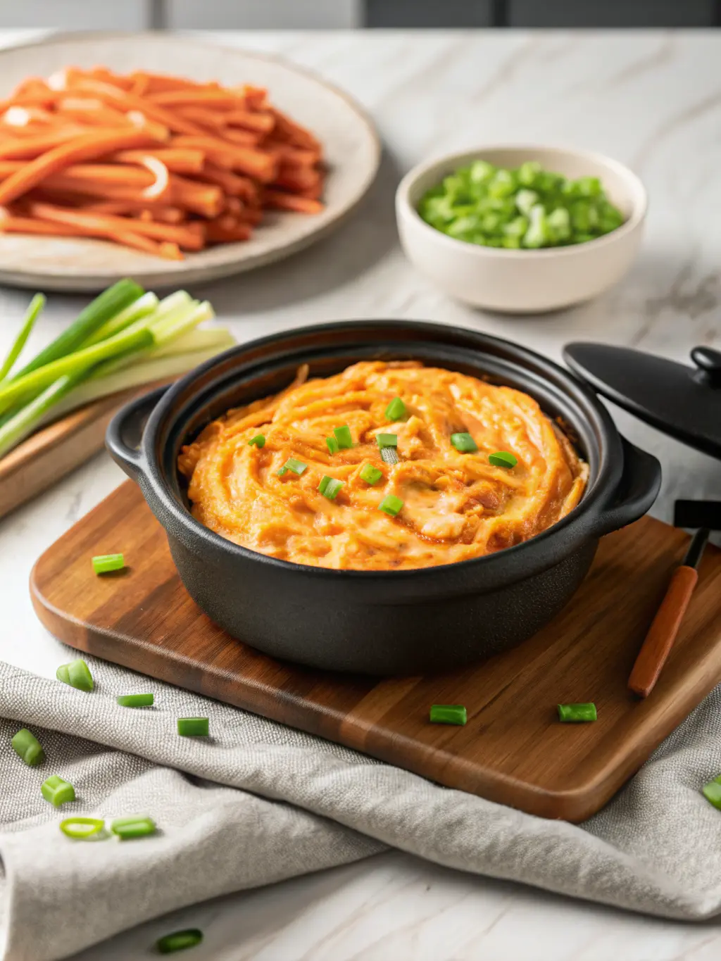 A close-up shot of the raw ingredients for Crockpot Buffalo Chicken Dip arranged aesthetically on a wooden cutting board. This includes boneless, skinless chicken breasts, a block of cream cheese, bottles of buffalo wing sauce and ranch dressing, and shredded cheddar and mozzarella cheeses. All are placed on a white marble countertop under natural morning light, with fresh herbs subtly in the background. Soft shadows, warm tones, clean and tidy presentation. NO HANDS OR PEOPLE.