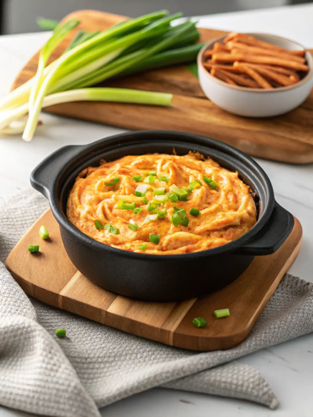 A slightly overhead shot of the creamy orange-yellow Crockpot Buffalo Chicken Dip in a dark ceramic slow cooker insert, halfway through cooking, with a wooden spoon stirring it. The dip is bubbling gently, showing melted cheeses and shredded chicken clearly incorporated. The slow cooker sits on a wooden cutting board on a white marble countertop. Natural morning light, soft shadows, warm tones, clean and tidy presentation. NO HANDS OR PEOPLE.