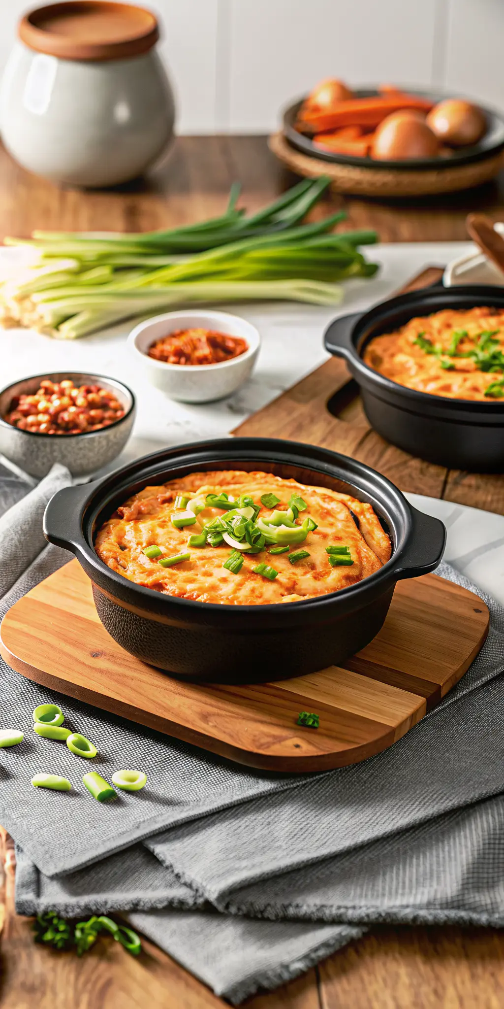 A close-up, inviting shot of the finished Crockpot Buffalo Chicken Dip in a dark ceramic serving bowl, showcasing its creamy, thick, orange-yellow texture with visible shredded chicken. A few perfectly browned, textured tortilla chips are placed alongside the bowl, hinting at serving. The bowl rests on a wooden cutting board on a white marble countertop. Natural morning light highlights the textures and colors, with soft shadows and warm tones. Fresh green onions are sprinkled on top. Clean and tidy presentation. NO HANDS OR PEOPLE.