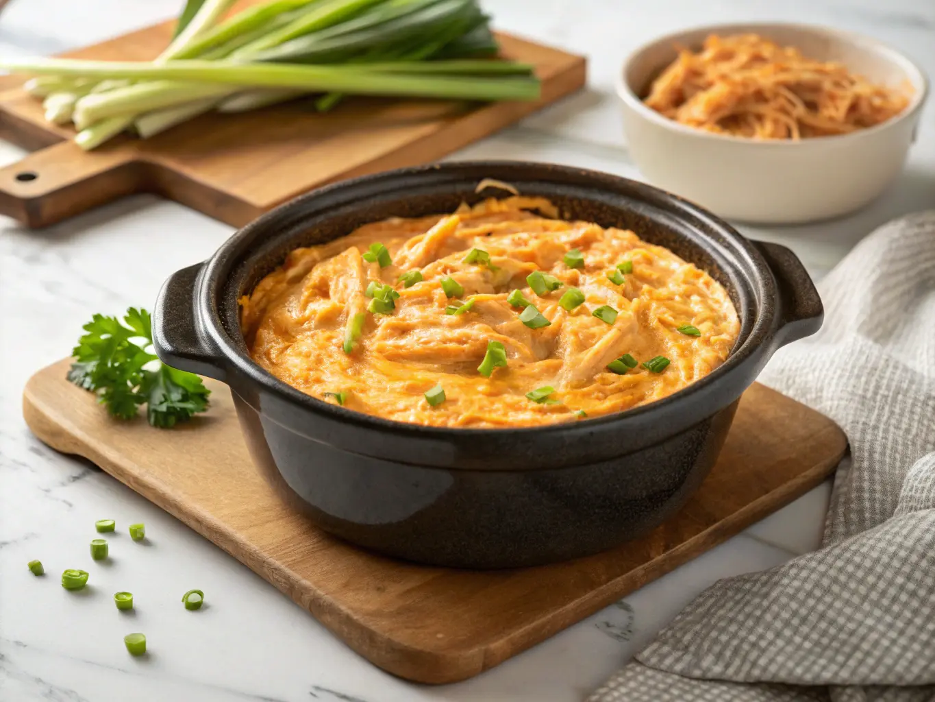 A wide shot of a bubbling, creamy orange-yellow Crockpot Buffalo Chicken Dip, showing distinct strands of shredded chicken, served in a dark ceramic slow cooker insert, sitting on a wooden cutting board on a white marble countertop. Natural morning light casts soft shadows. Fresh green herbs like chopped chives or parsley are sprinkled sparingly on top and a small bunch of fresh celery stalks are visible in a ceramic bowl in the soft focus background. Warm tones, clean and tidy presentation. NO HANDS OR PEOPLE.