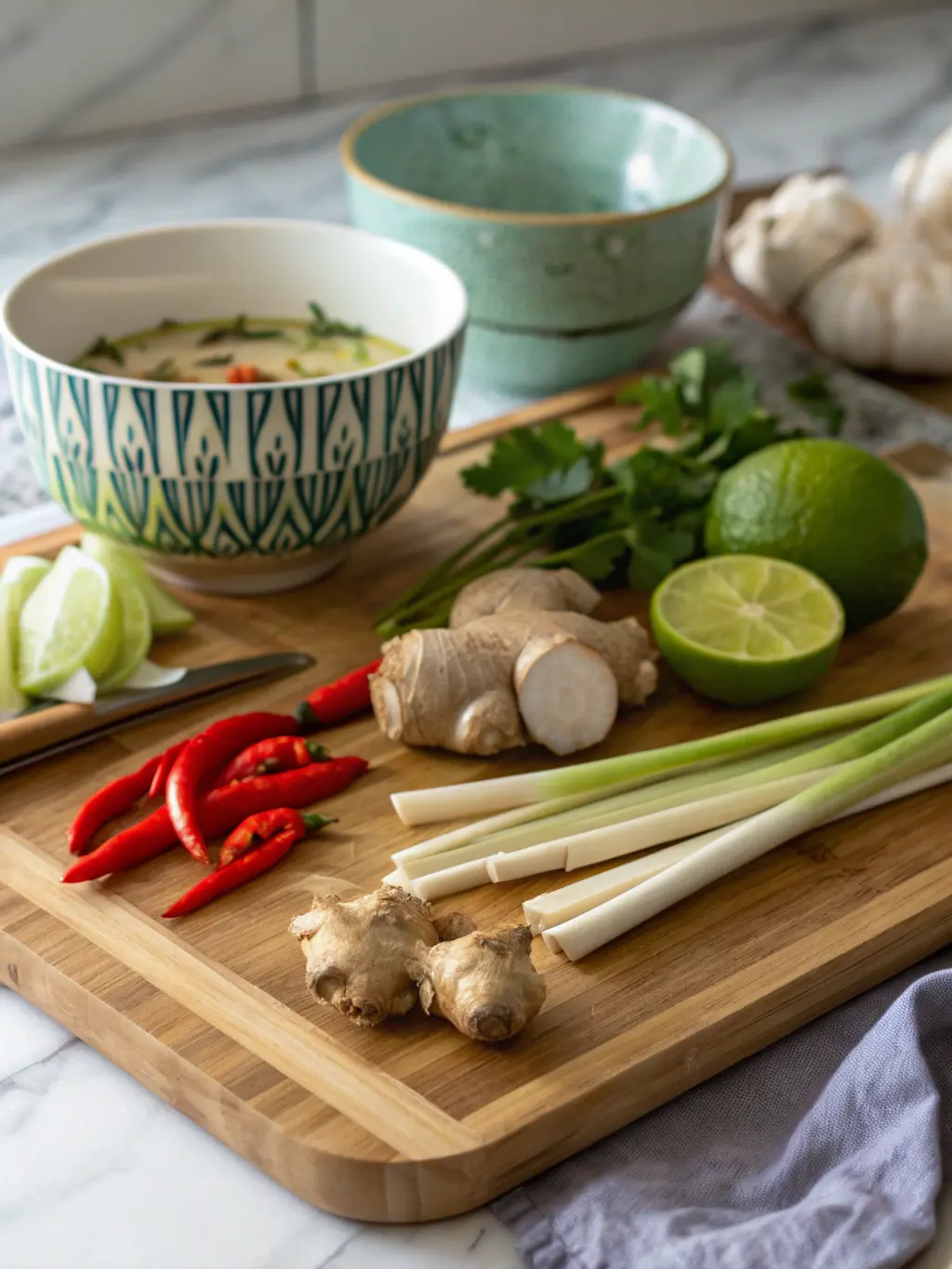A close-up 3:4 shot of the raw ingredients for Crockpot Thai Coconut Chicken Soup on a wooden cutting board, including fresh ginger, whole red Thai chilies, lemongrass stalks, and a lime, ready for prep. The scene is set on marble countertops with a ceramic bowl peeking in the background, bathed in natural morning light, creating soft, warm shadows and a clean, tidy feel.