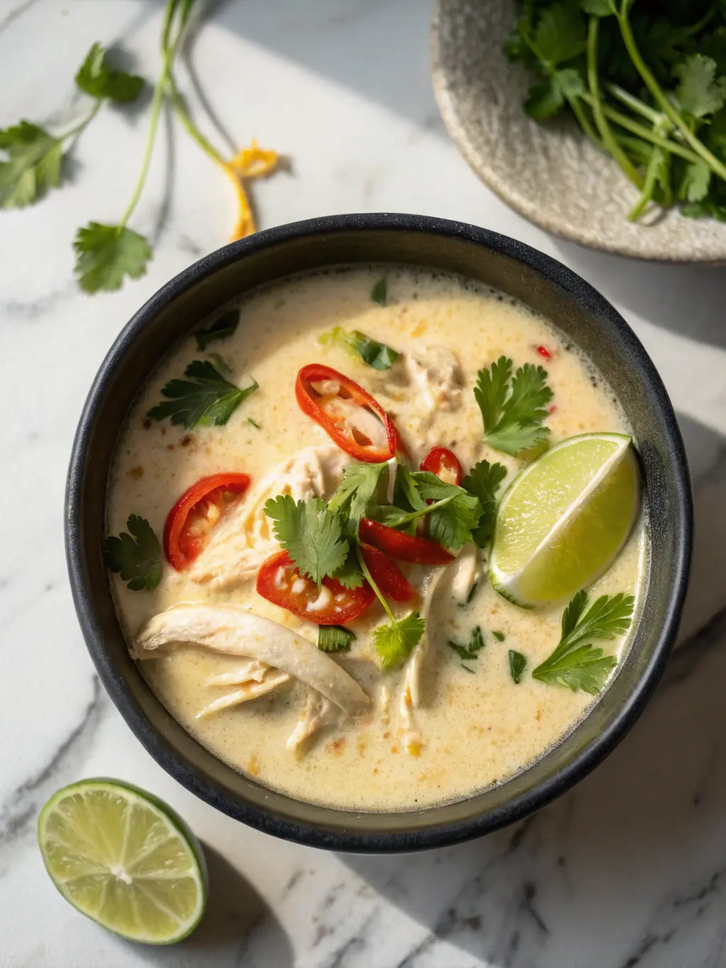 A top-down 3:4 macro shot of the finished Crockpot Thai Coconut Chicken Soup in a dark ceramic bowl, emphasizing the creamy texture of the pale yellow broth, the delicate shreds of white chicken, and the bright, fresh garnishes of red chilies, green cilantro, and a vibrant lime wedge. Natural morning light creates a warm glow, with soft shadows and a clean, minimalist white plate visible beneath the bowl on marble countertops, evoking a deliciously appealing aesthetic.