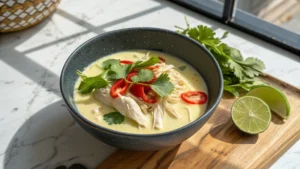 A mouth-watering 16:9 overhead shot of a dark ceramic bowl brimming with creamy, pale yellow Crockpot Thai Coconut Chicken Soup. Tender shredded white chicken pieces are visible, generously garnished with bright red Thai chilies, vibrant green cilantro leaves, and a fresh lime wedge. The bowl rests on marble countertops with subtle wood accents in the background, bathed in natural morning light from an east window, casting soft shadows. The overall presentation is clean and tidy, evoking warm, comforting tones and a deliciously appealing homemade feel.