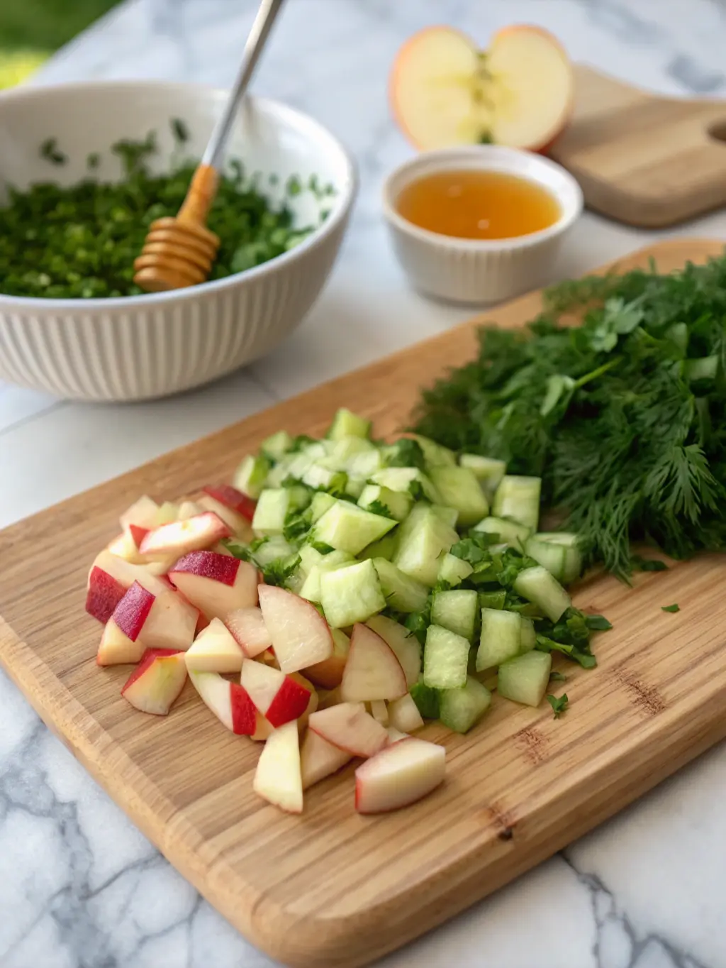 A 3:4 close-up shot of freshly diced cucumbers, crisp apple pieces (some with red skin), and finely chopped green herbs (parsley or dill) neatly arranged on a natural wooden cutting board, with a small ceramic bowl of whisked honey citrus dressing ingredients subtly in the background. The ingredients appear fresh and ready for mixing. The scene is illuminated by soft natural morning light, creating warm tones and gentle shadows on a clean marble countertop. NO HANDS.
