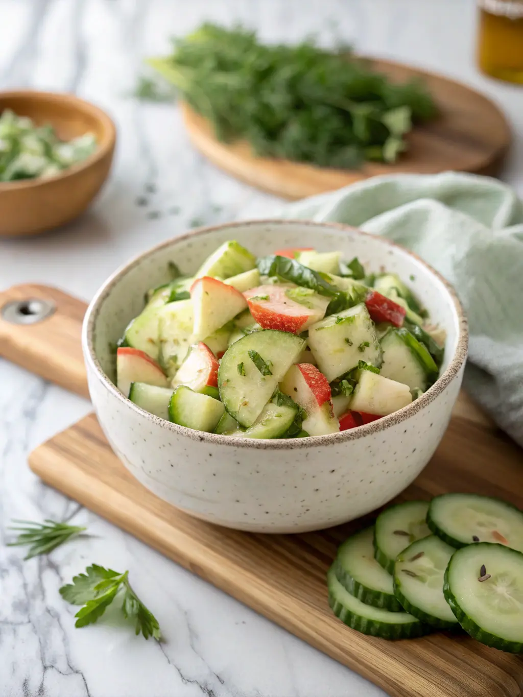 A 3:4 cozy lifestyle shot of the Crisp Cucumber Apple Salad in a ceramic bowl, presented from a slightly lower side angle to show the height and volume of the salad. The focus is on the crunchy texture of the cucumbers and apples, with hints of the zesty dressing. The bowl rests on a small, natural wood accent board on a marble countertop. In the soft-focused background, a few fresh herbs are visible, all bathed in warm natural morning light, creating an authentic, lived-in kitchen feel. NO HANDS.