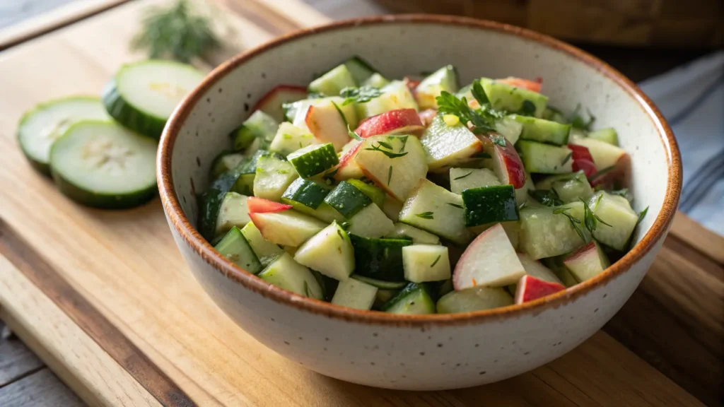 A beautifully composed 16:9 overhead shot of a generous serving of Crisp Cucumber Apple Salad with Sweet Honey Citrus Dressing in a minimalist ceramic bowl with a rustic rim. The diced cucumbers with their green skins, the creamy white apple pieces with hints of red skin, and vibrant green fresh herbs are clearly visible, all coated in a glistening, zesty dressing. The salad is piled high, showcasing its mouth-watering crisp texture. The scene is bathed in natural morning light from an east window, casting soft shadows on a clean marble countertop with a subtle wood accent peeking in the background. The overall tone is warm and inviting, emphasizing a fresh, tidy presentation. NO HANDS.