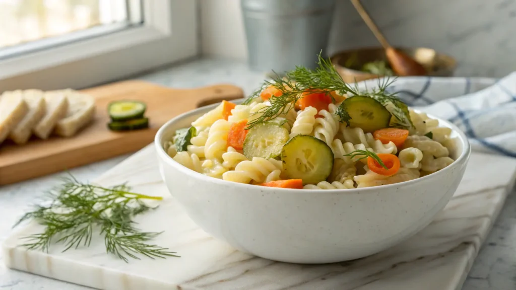 A beautifully plated Dill Pickle Pasta Salad in a minimalist white ceramic bowl, rich with creamy fusilli pasta, vibrant sliced dill pickles, and bright orange carrot pieces, garnished with fresh dill. The scene is set on a marble countertop with a subtle wooden cutting board in the soft natural morning light from an east window, casting gentle shadows and creating warm tones, conveying an insanely yummy and clean presentation. No hands visible.