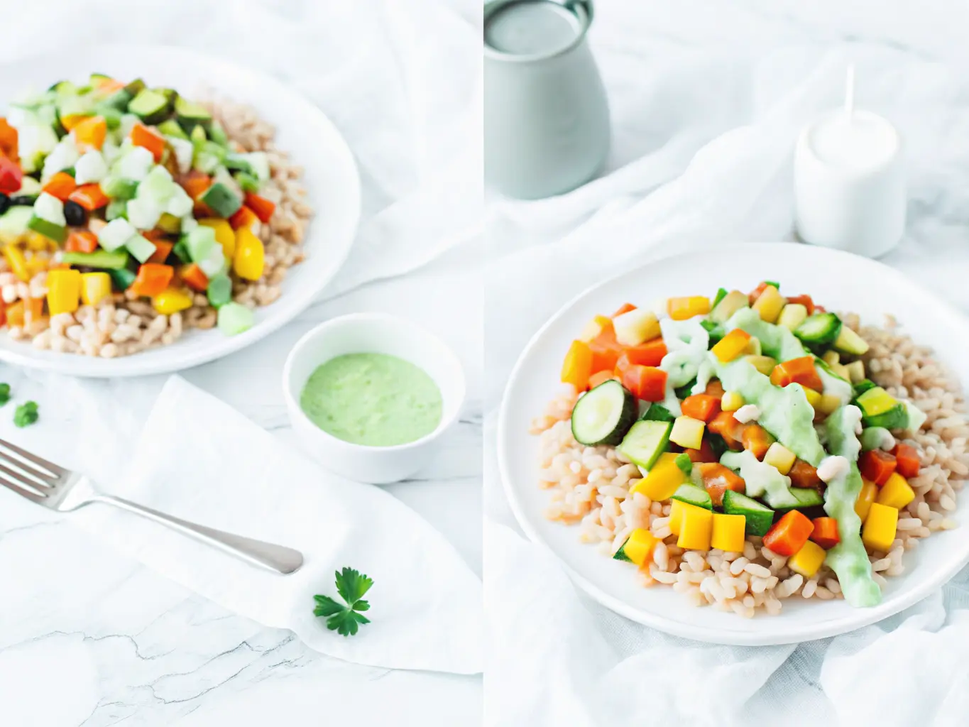 A bright overhead shot of a minimalist white plate overflowing with fluffy brown rice topped with colorful roasted vegetables (diced zucchini, red bell pepper, yellow bell pepper, red onion). The dish is generously drizzled with a pale green, creamy Green Onion Cashew Sauce. A small glass jar filled with the same pale green sauce sits beside the plate. Scattered chopped green onions are on the white marble countertop, along with a silver fork and knife. The scene is illuminated by natural morning light from an east window, casting soft shadows, with warm tones, and a clean and tidy presentation. Fresh herbs are visible in a ceramic bowl in the soft-focus background. NO HANDS.