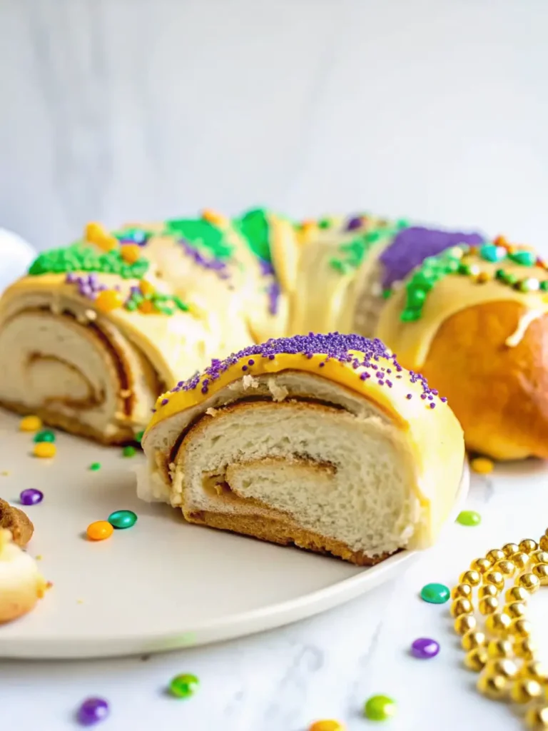 Easy King Cake Recipe Overhead shot (3:4 ratio) of King Cake ingredients arranged on a wooden cutting board set on a marble countertop. Displayed are bowls of all-purpose flour, granulated sugar, melted butter, eggs, and a small bowl of yeast blooming in warm milk. Mardi Gras colored food coloring gels (purple, green, yellow) and a small dish of festive sprinkles are also visible. Soft natural morning light, warm tones, clean and tidy presentation. NO HANDS.