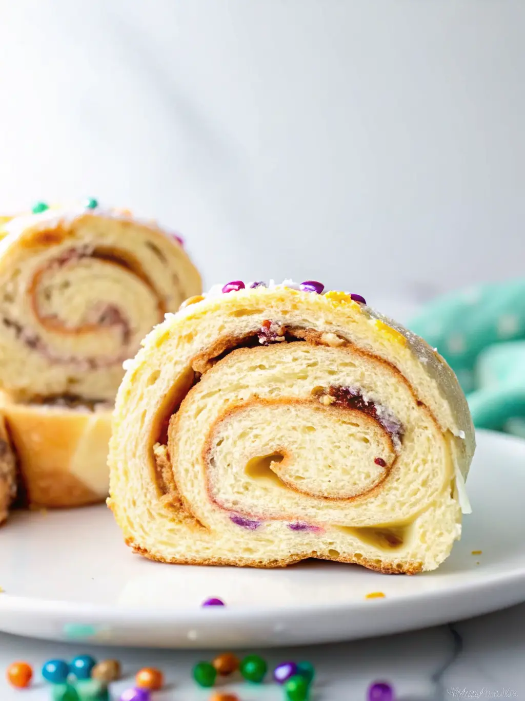 Close-up shot (3:4 ratio) of the King Cake dough log, shaped into a circle, gently rising on parchment paper on a baking sheet. The dough shows the subtle swirl of cinnamon-sugar filling peeking out. The scene is on a marble countertop, bathed in soft natural morning light, with gentle shadows and warm tones. NO HANDS.