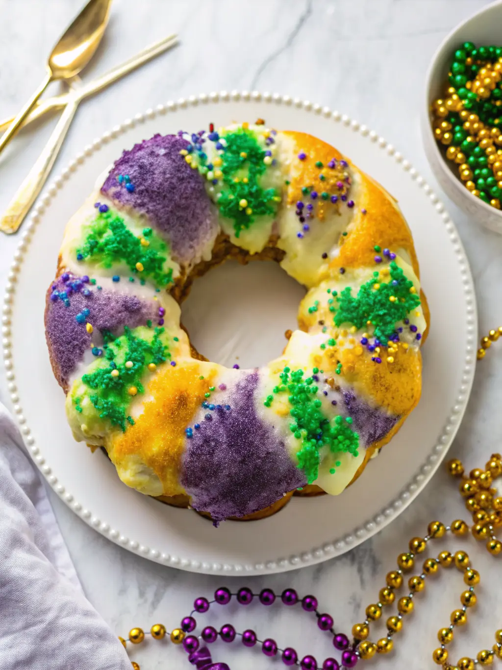A generous slice of King Cake, revealing its fluffy texture and cinnamon-sugar filling, resting on a minimalist white plate. The main King Cake, with its vibrant purple, green, and yellow glaze and colorful sprinkles, is in the background, slightly out of focus. The setting is a clean marble countertop, a hint of wood accent, with soft natural morning light. Warm tones and inviting presentation. NO HANDS.
