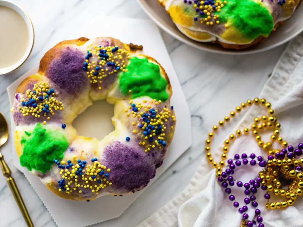 Overhead shot (4:3 ratio) of a vibrant King Cake on crumpled white parchment paper, adorned with white, green, purple, and yellow glaze, blue, green, and gold sprinkles, and purple pearls. Mardi Gras beads (green, gold, purple) are casually draped nearby. The setting is a clean marble countertop with soft natural morning light from an east window, casting gentle shadows. Minimalist white plates are subtly visible in the soft-focus background. Warm tones, clean and tidy presentation. NO HANDS.