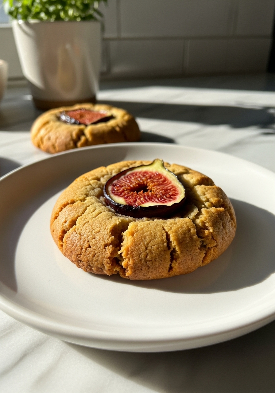 A close-up detail shot of a single golden-brown fig cookie on a minimalist white plate, emphasizing the slightly caramelized edges and the soft, jammy texture of the vibrant red-purple fig half nestled on top. The cookie's rustic, chewy texture is visible. The scene is bathed in warm natural morning light on marble countertops, with soft shadows and a hint of fresh herbs in a small ceramic pot in the blurred background. (3:4)