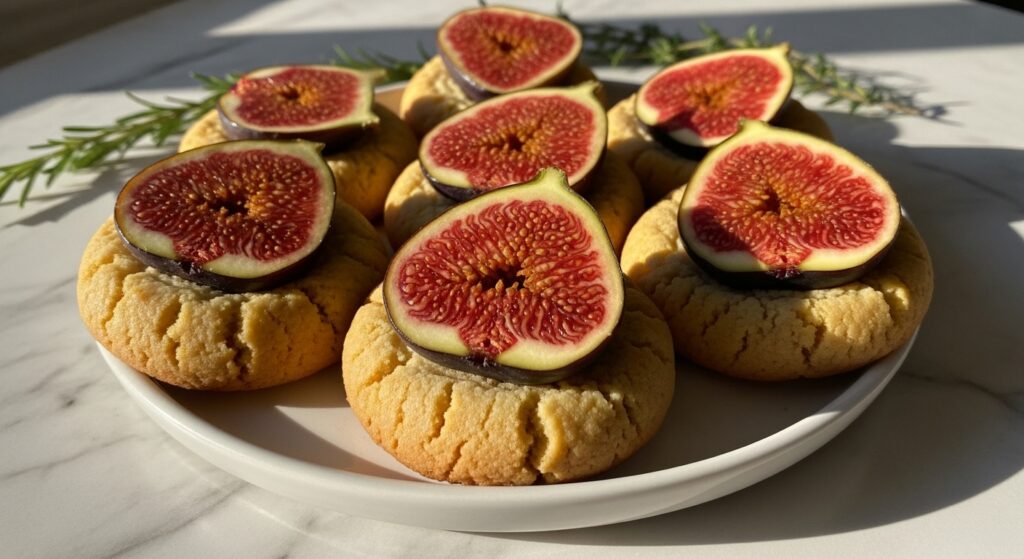A rustic arrangement of golden-brown fig cookies, each topped with a vibrant, intensely red-purple halved fresh fig, showcasing the intricate seed pattern. The cookies are on a minimalist white plate, placed on marble countertops, with warm natural morning light filtering from an east window, casting soft shadows. A sprig of fresh thyme or rosemary is subtly visible in the background, adding a touch of green. The overall presentation is clean and tidy, but feels lovingly made. (16:9)