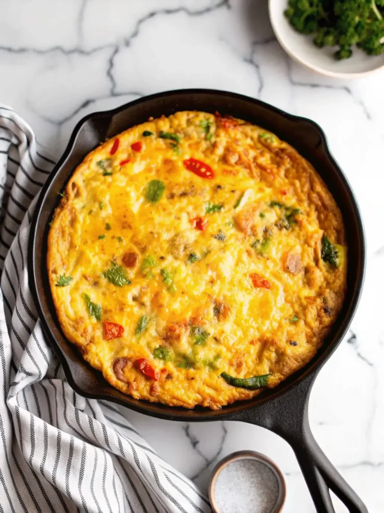 Frittata Recipe An overhead shot of fresh, vibrant ingredients laid out on a wooden cutting board on a marble countertop. Displayed are chopped broccoli florets, diced red and green bell peppers, sliced yellow onion, and a bowl of cracked eggs ready to be whisked. A small bunch of fresh parsley is visible in a ceramic bowl. Natural morning light creates soft shadows, and the scene is clean and tidy. (3:4 ratio)
