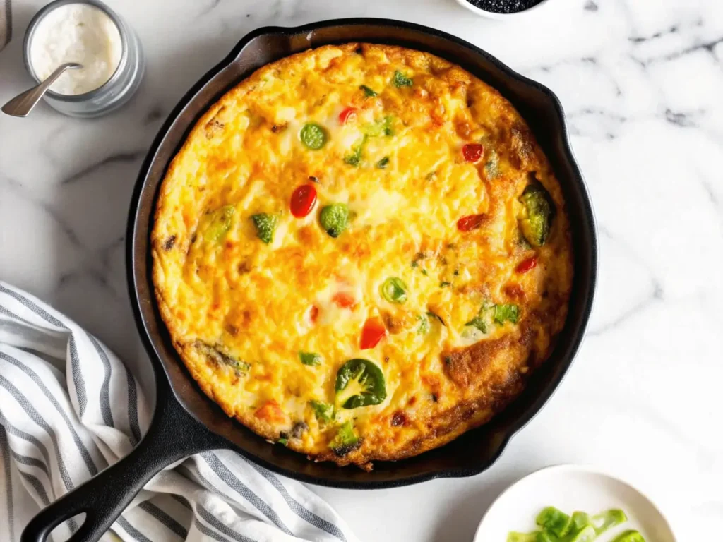 A golden yellow frittata, studded with vibrant green broccoli florets and colorful red and light green bell pepper pieces, in a rustic black cast iron skillet. The frittata is perfectly puffed and golden brown on top. It sits on a bright marble countertop with warm natural morning light streaming from an east window, casting soft shadows. A striped linen cloth is neatly folded beside the skillet. In the background, minimalist white plates and a ceramic bowl are subtly arranged, with a hint of fresh green herbs, possibly parsley, adding a touch of color. The overall presentation is clean, tidy, and inviting. (4:3 ratio)