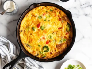 A golden yellow frittata, studded with vibrant green broccoli florets and colorful red and light green bell pepper pieces, in a rustic black cast iron skillet. The frittata is perfectly puffed and golden brown on top. It sits on a bright marble countertop with warm natural morning light streaming from an east window, casting soft shadows. A striped linen cloth is neatly folded beside the skillet. In the background, minimalist white plates and a ceramic bowl are subtly arranged, with a hint of fresh green herbs, possibly parsley, adding a touch of color. The overall presentation is clean, tidy, and inviting. (4:3 ratio)