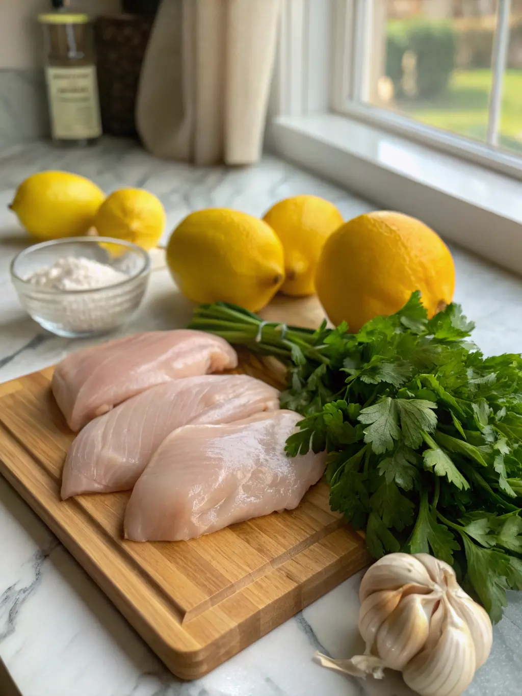 An inviting close-up of fresh, vibrant ingredients for garlic butter chicken laid out on the wooden cutting board on a marble countertop: plump raw chicken breasts, bright yellow lemons, a head of garlic, and a bunch of fresh parsley. The scene is bathed in natural morning light from an east window, with soft shadows and warm tones, showcasing the fresh herbs in the background. NO HANDS.